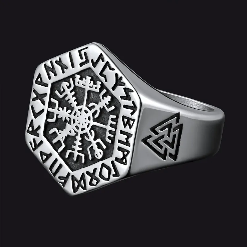 Viking Hexagon Compass Ring With Runes For Men sold by FaithHeart