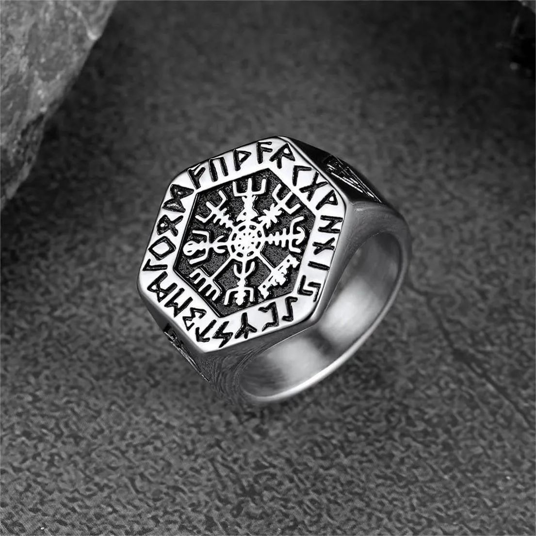 Viking Hexagon Compass Ring With Runes For Men sold by FaithHeart product image thumbnail 2