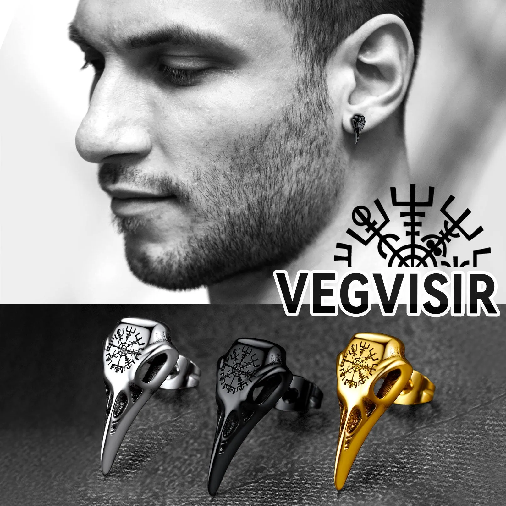 Viking Raven Skull Stud Earrings With Viking Vegvisir For Men Women sold by FaithHeart product image thumbnail 5