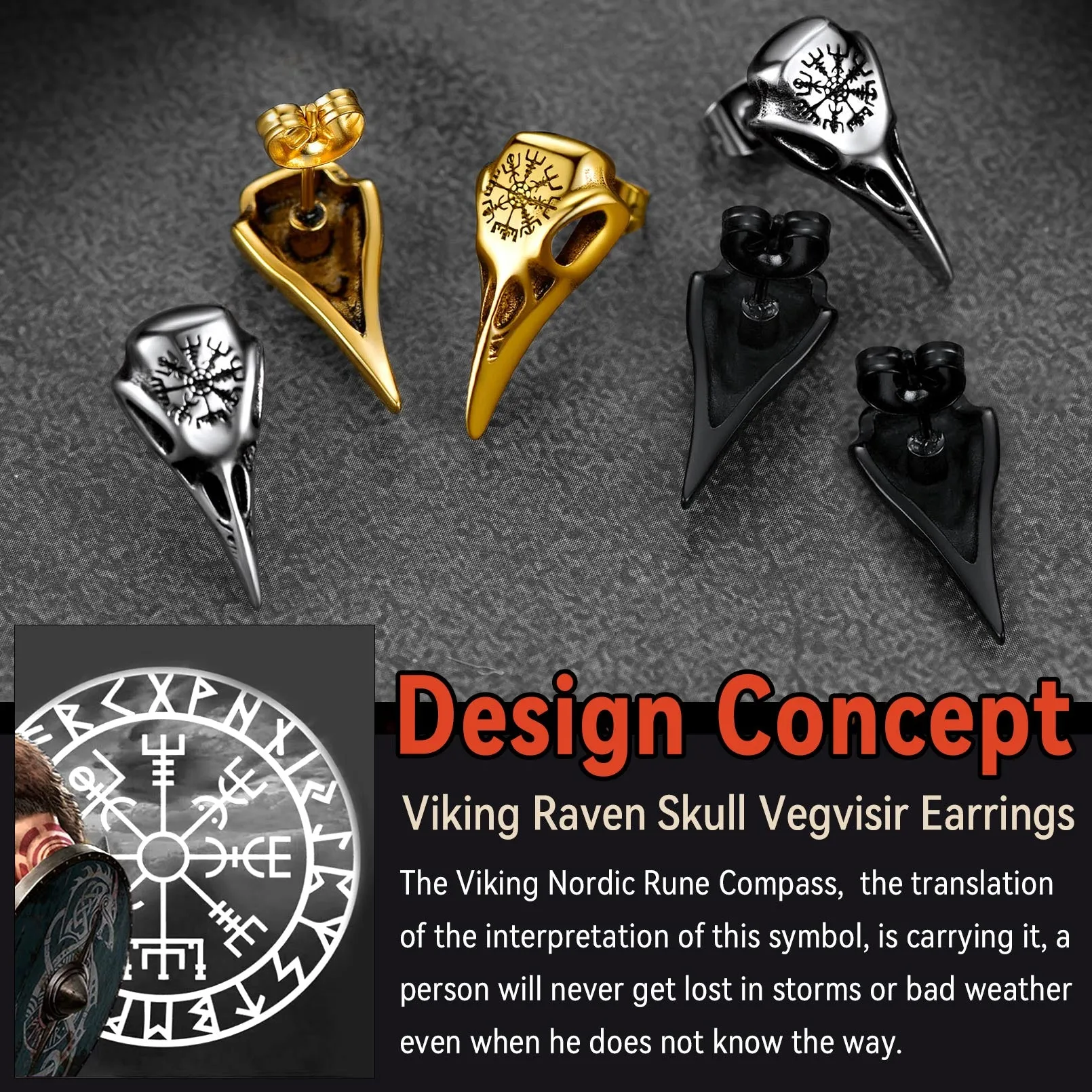 Viking Raven Skull Stud Earrings With Viking Vegvisir For Men Women sold by FaithHeart product image thumbnail 4