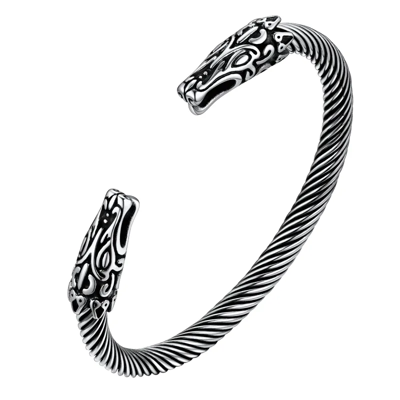 Viking Bracelet Norse Wolf Heads Cuff Bangle For Men sold by FaithHeart