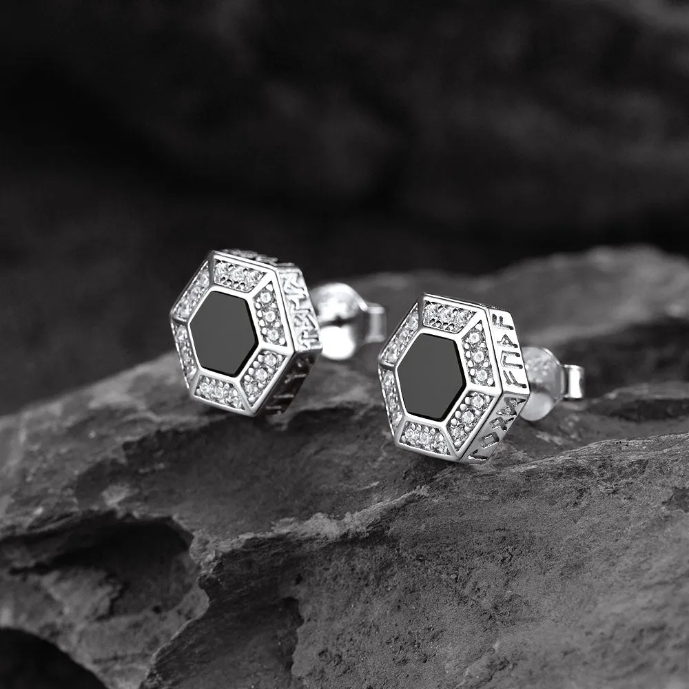 Viking Rune Hexagon Black Onyx Stud Earrings for Men sold by FaithHeart product image thumbnail 3