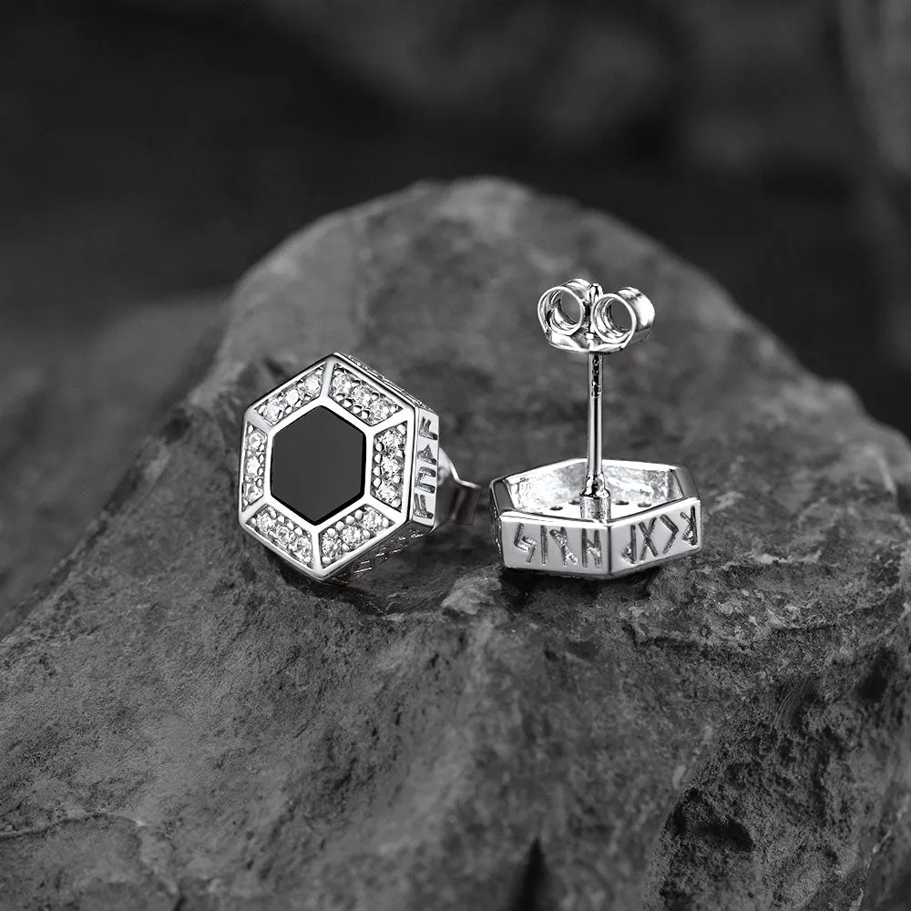 Viking Rune Hexagon Black Onyx Stud Earrings for Men sold by FaithHeart product image thumbnail 4