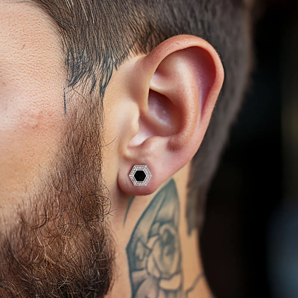 Viking Rune Hexagon Black Onyx Stud Earrings for Men sold by FaithHeart product image thumbnail 2