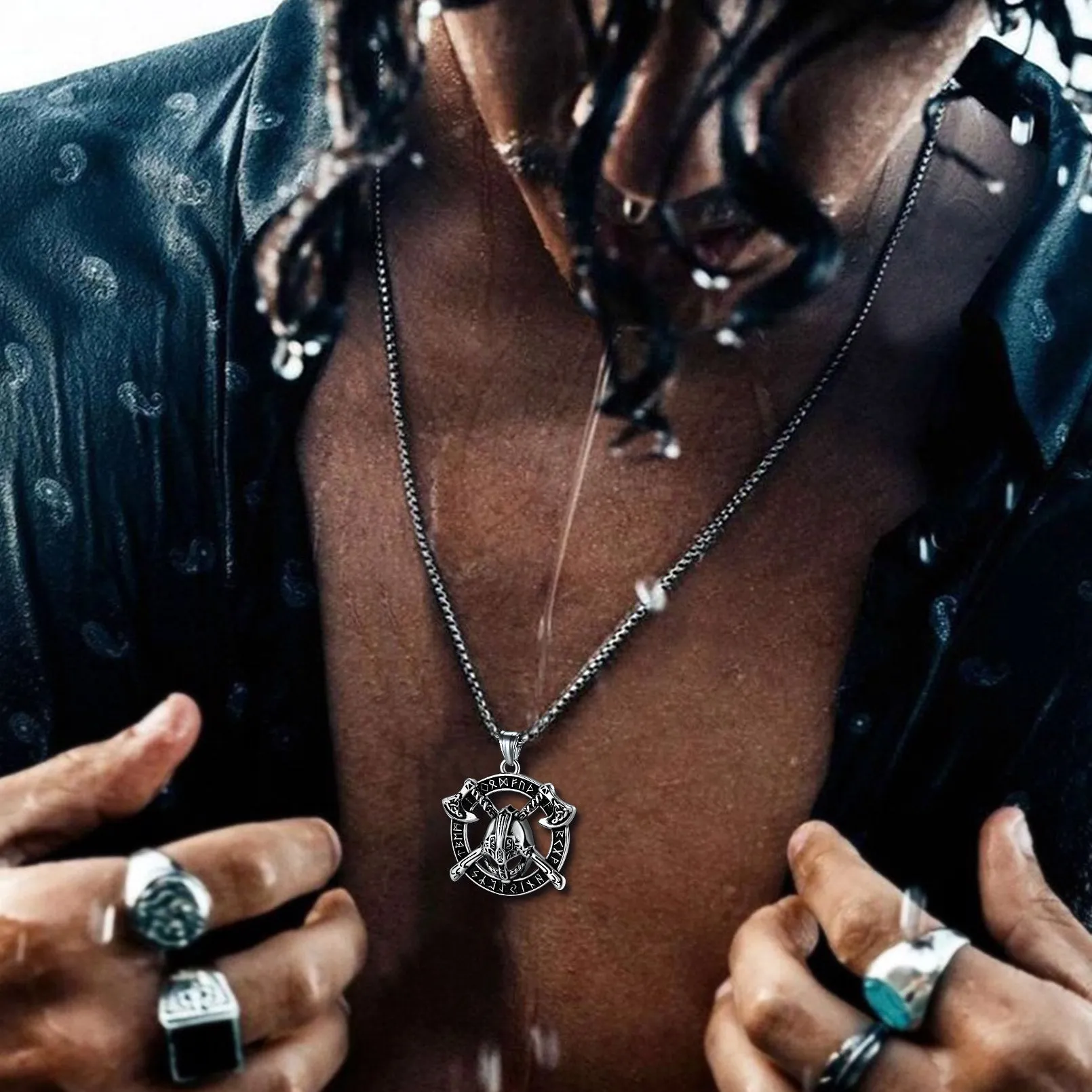 Flash Sale Viking Axe Helmet Pendant Necklace For Men With Runes sold by FaithHeart product image thumbnail 2