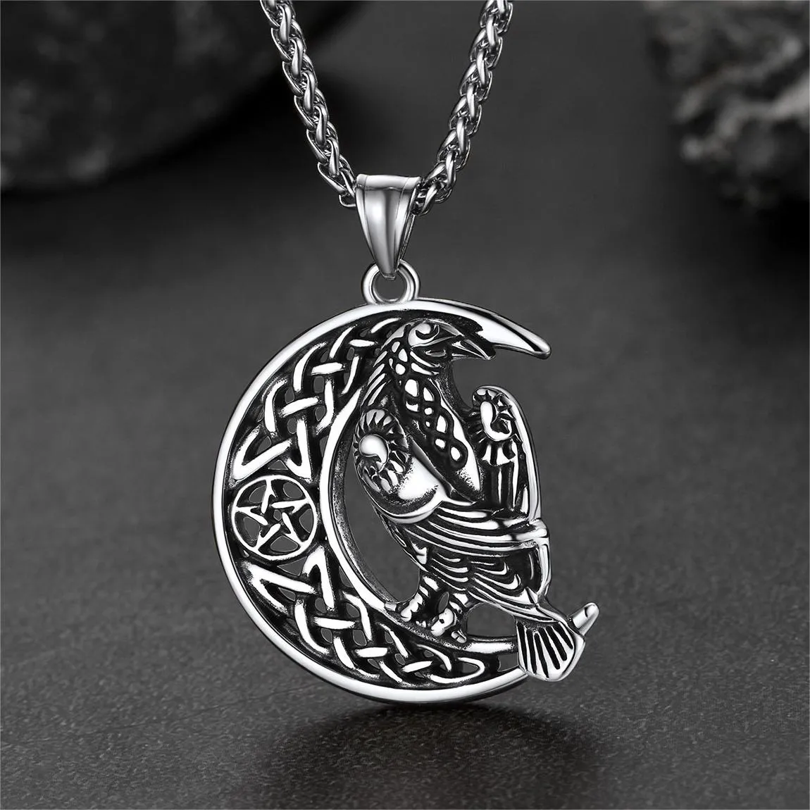 Celtic Crescent Moon Necklace With Odin Raven sold by FaithHeart product image thumbnail 3