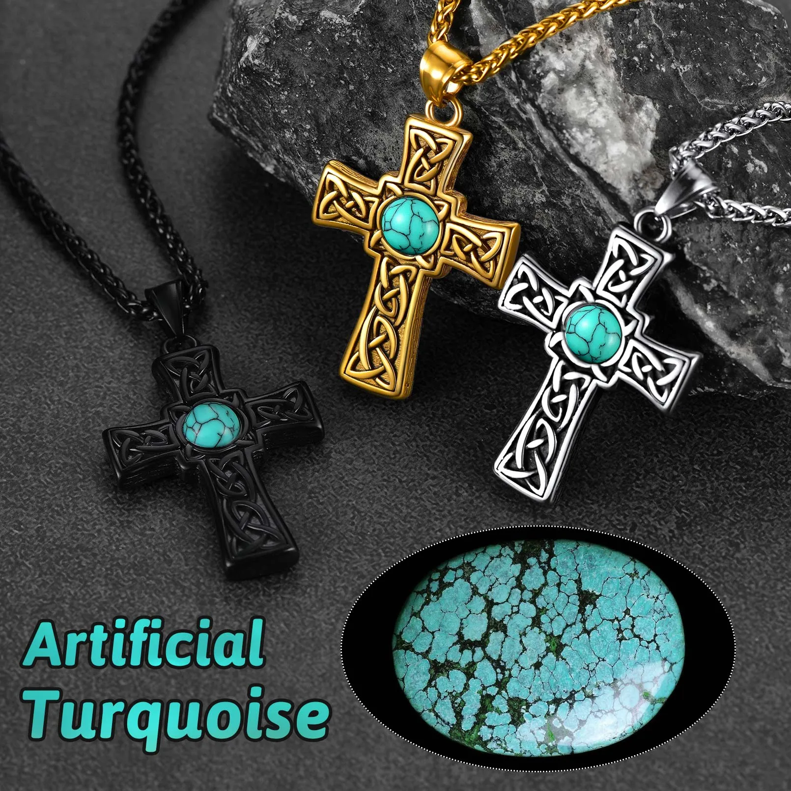 Turquoise Celtic Cross Pendant Necklace For Men sold by FaithHeart product image thumbnail 5