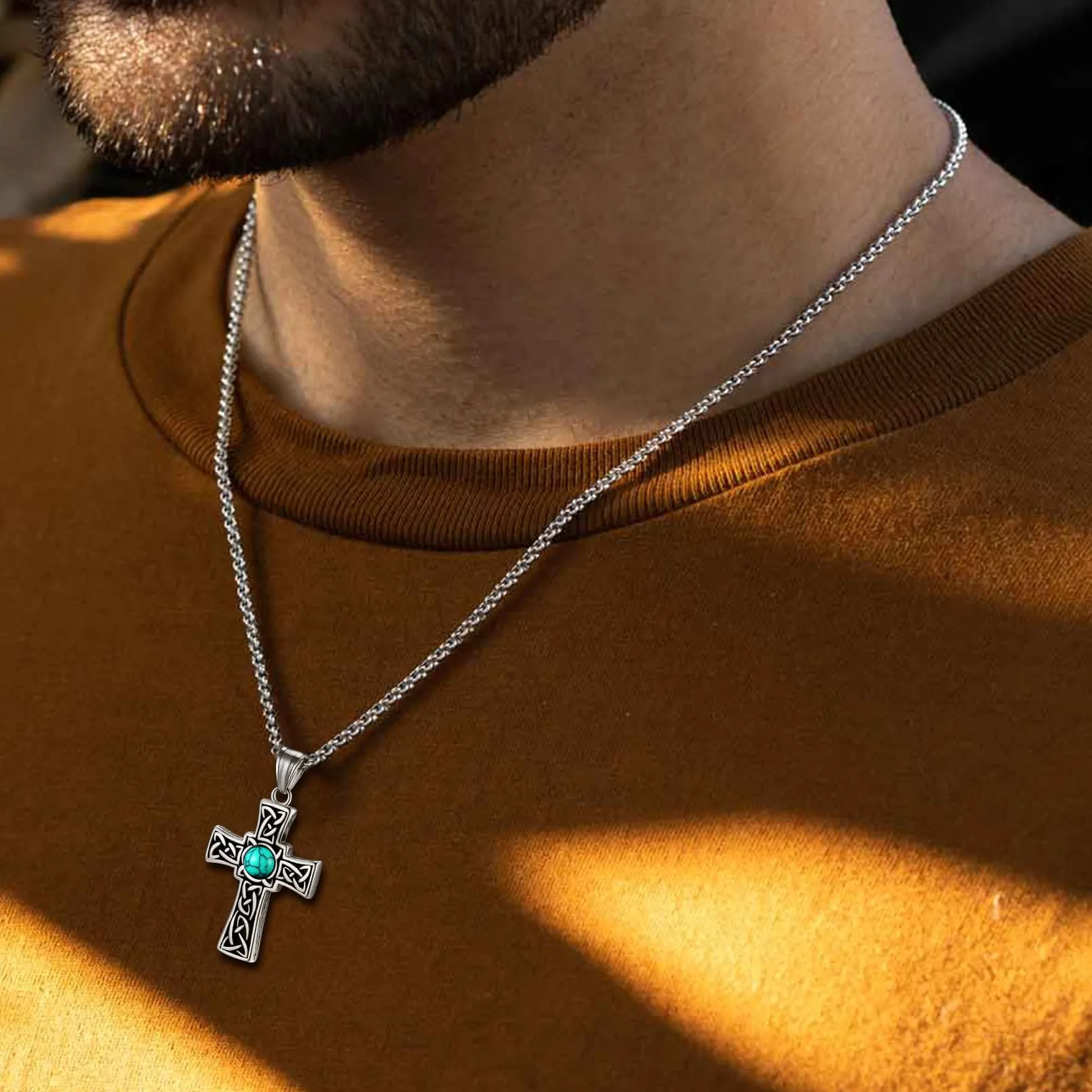 Turquoise Celtic Cross Pendant Necklace For Men sold by FaithHeart product image thumbnail 2