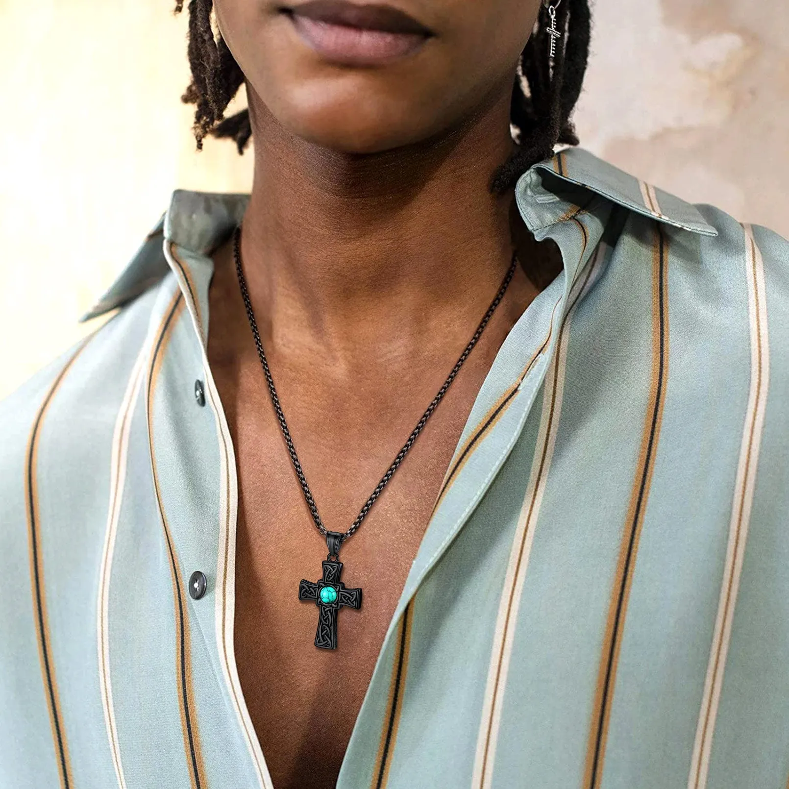 Turquoise Celtic Cross Pendant Necklace For Men sold by FaithHeart product image thumbnail 3