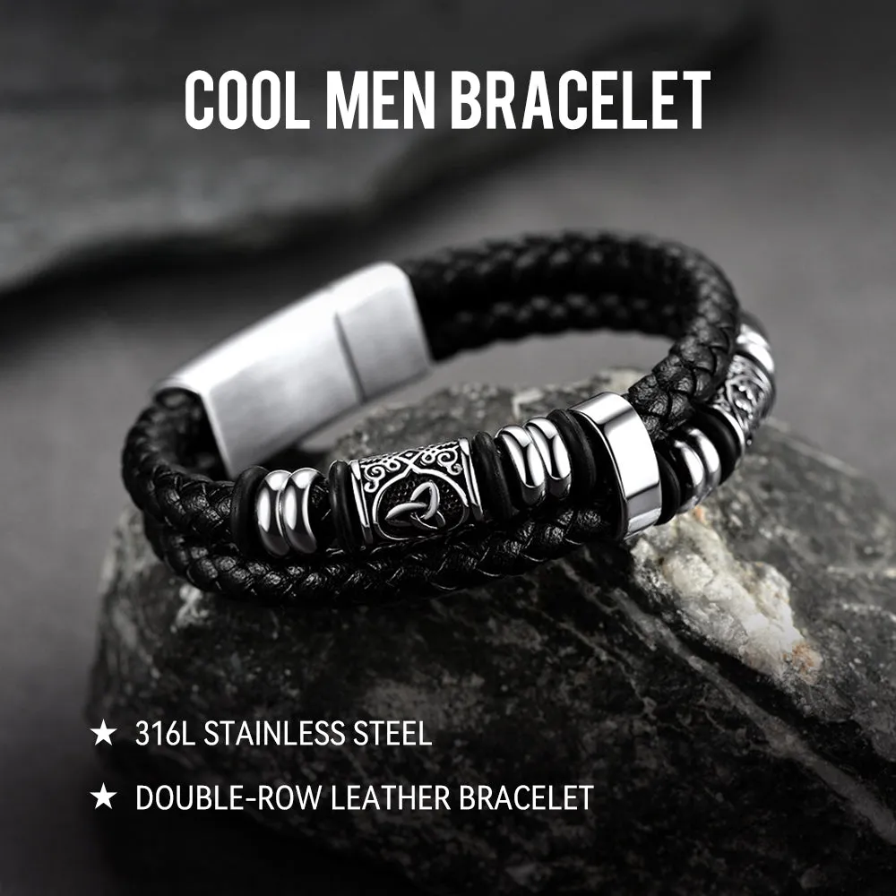 Viking Black Engraved Leather Braided Wristband Bracelet for Men sold by FaithHeart product image thumbnail 4