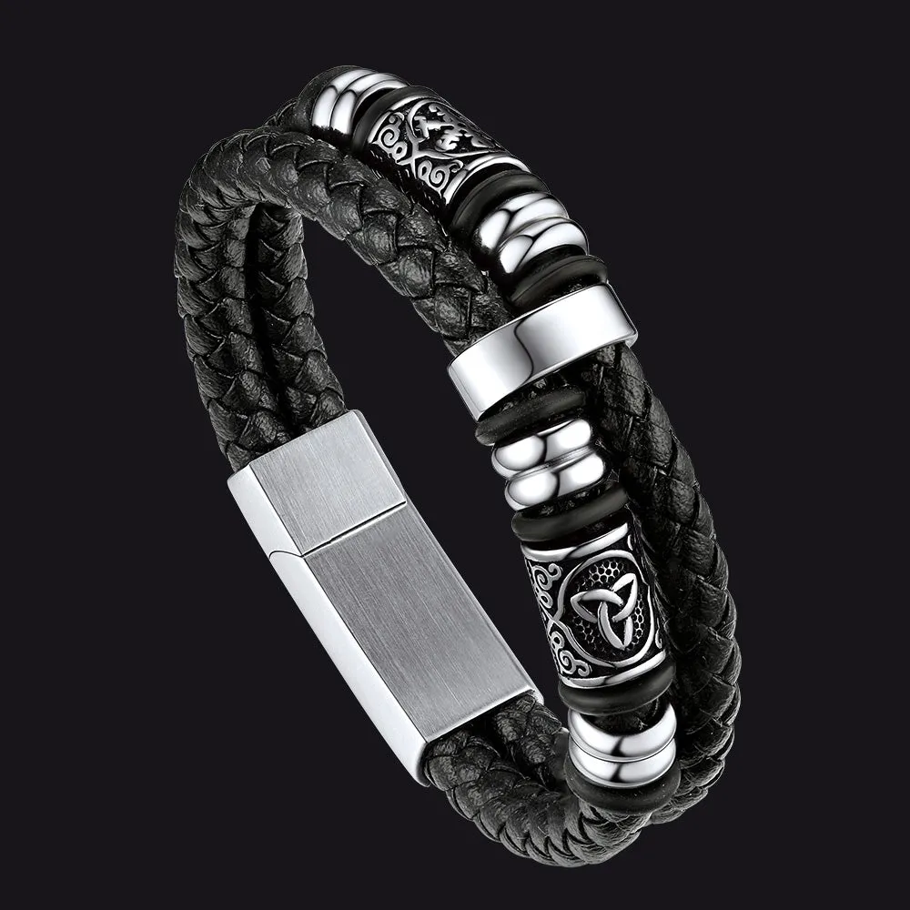 Viking Black Engraved Leather Braided Wristband Bracelet for Men sold by FaithHeart