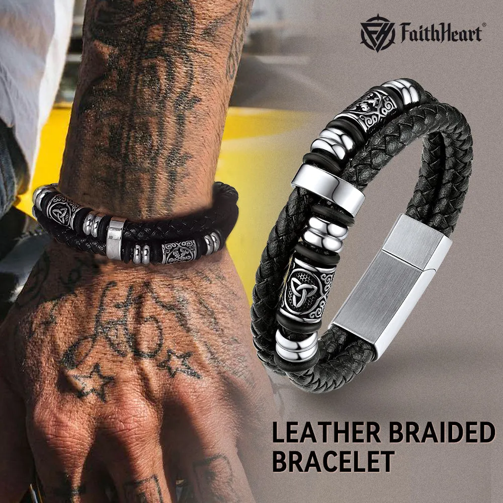 Viking Black Engraved Leather Braided Wristband Bracelet for Men sold by FaithHeart product image thumbnail 3