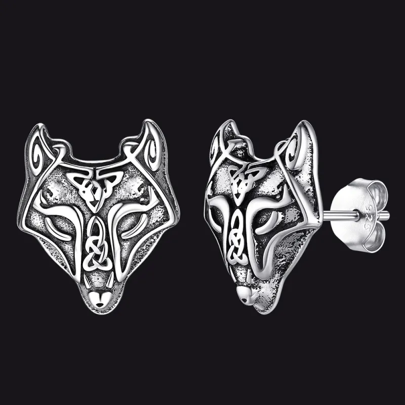 Sterling Silver Viking Celtic Wolf Stud Earrings For Men sold by FaithHeart