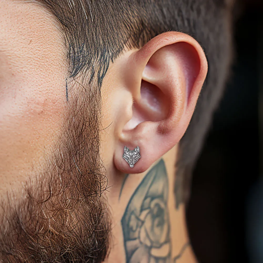 Sterling Silver Viking Celtic Wolf Stud Earrings For Men sold by FaithHeart product image thumbnail 2