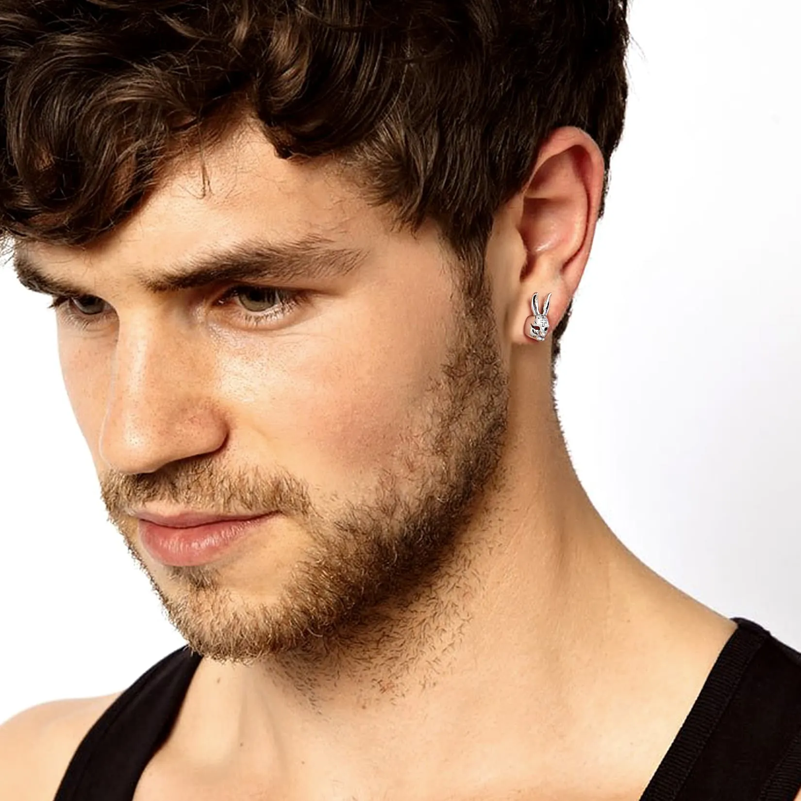 Halloween Silver Evil Bunny Stud Earrings For Men sold by FaithHeart product image thumbnail 2