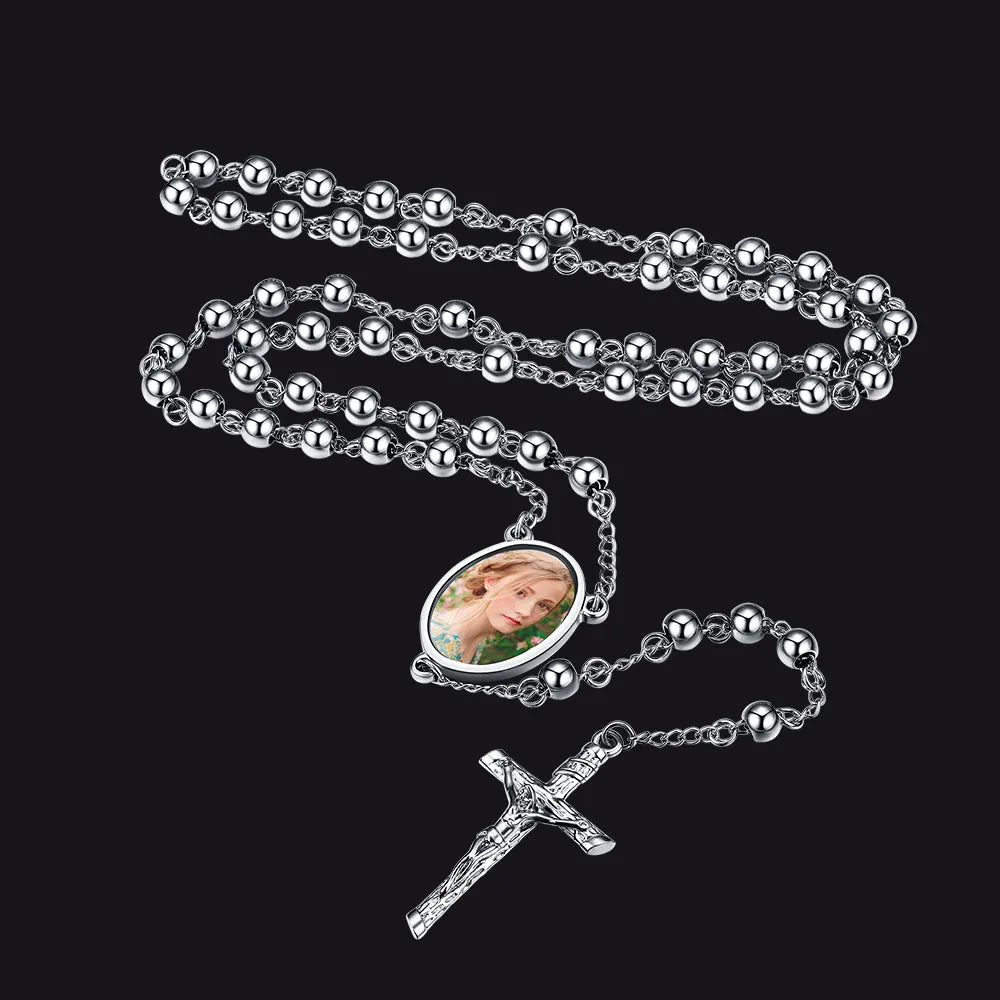Customized Rosary Beads Cross Necklace with Picture for Women Men sold by FaithHeart