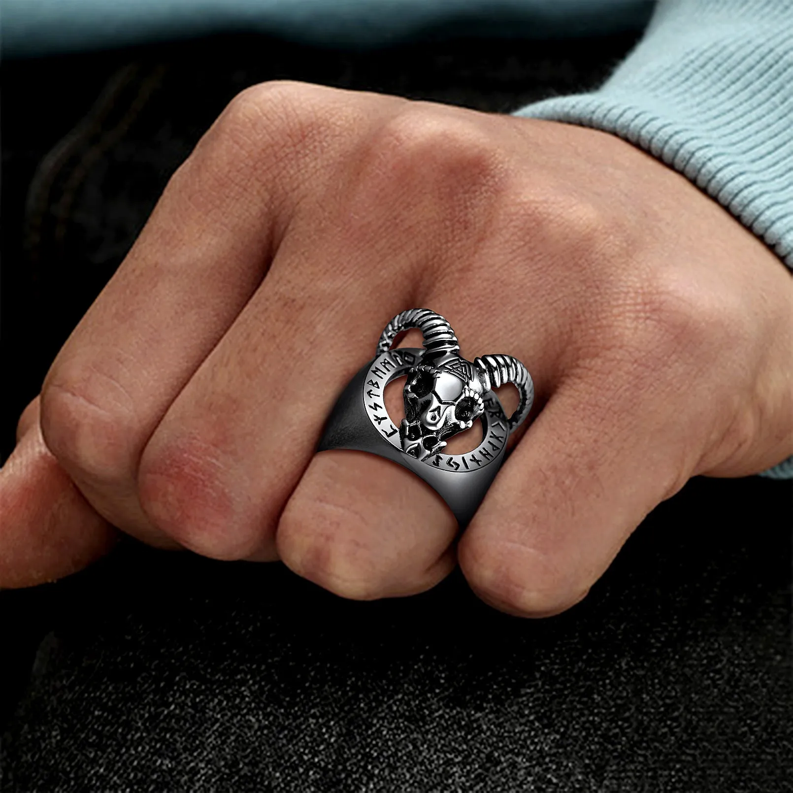 Satanic Goat Skull Ring With Viking Runes For Men sold by FaithHeart product image thumbnail 3