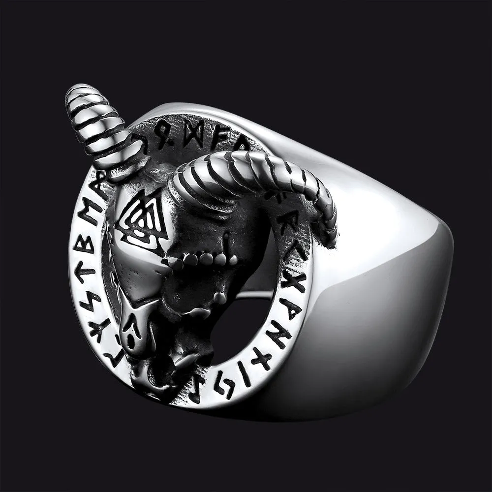 Satanic Goat Skull Ring With Viking Runes For Men sold by FaithHeart