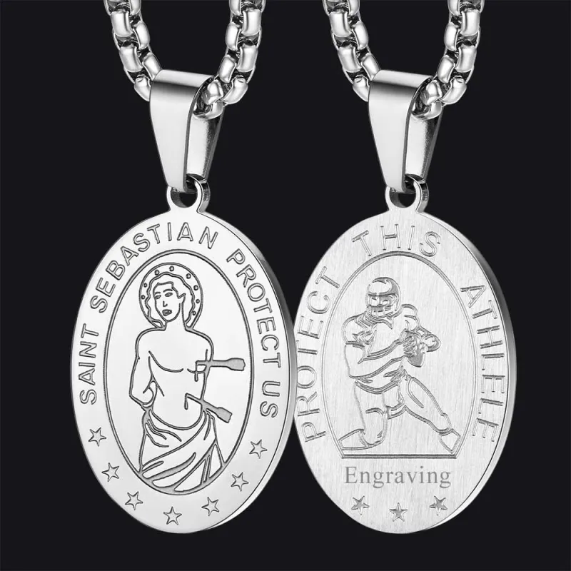 Saint Sebastian Football Necklace Medal for Protection in Stainless Steel sold by FaithHeart