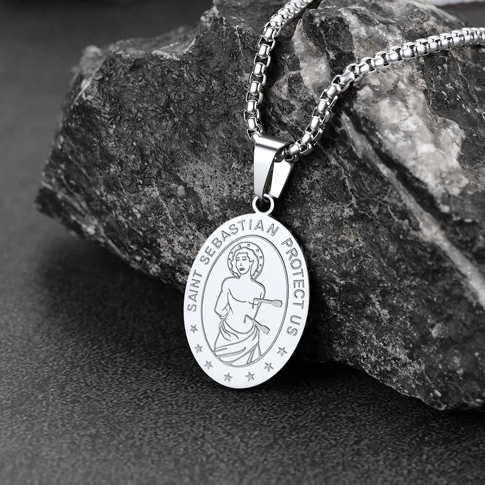 Saint Sebastian Football Necklace Medal for Protection in Stainless Steel sold by FaithHeart product image thumbnail 4