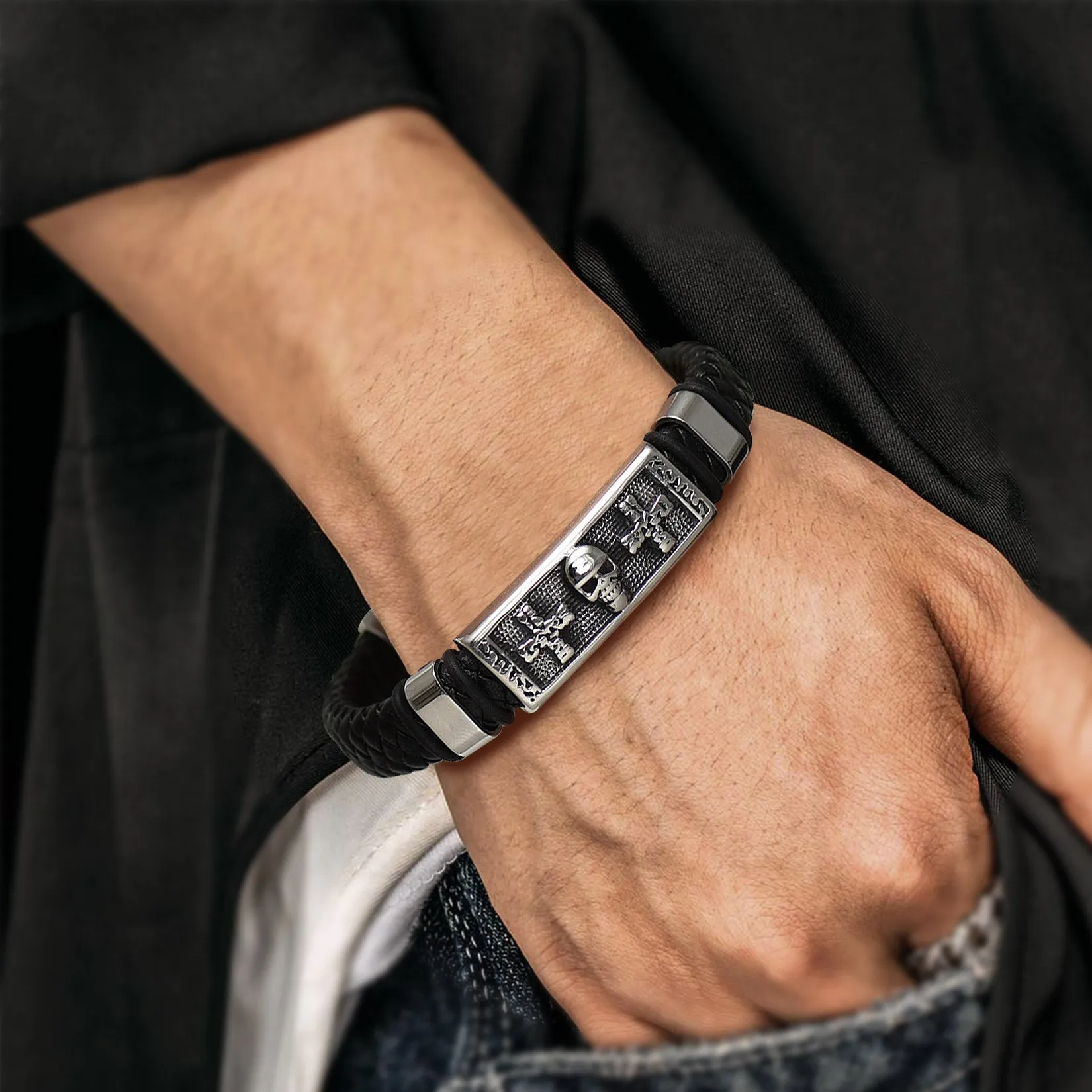 Gothic Black Skull Braided Leather Bracelet For Men Son Grandson sold by FaithHeart product image thumbnail 2