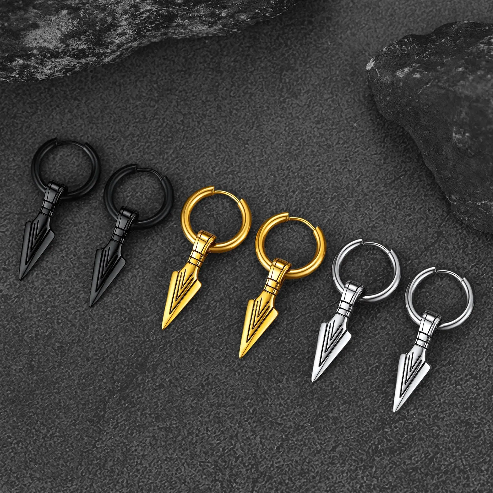 Norse Viking Arrowhead Spear Gungnir Drop Hoop Earrings For Men sold by FaithHeart product image thumbnail 4