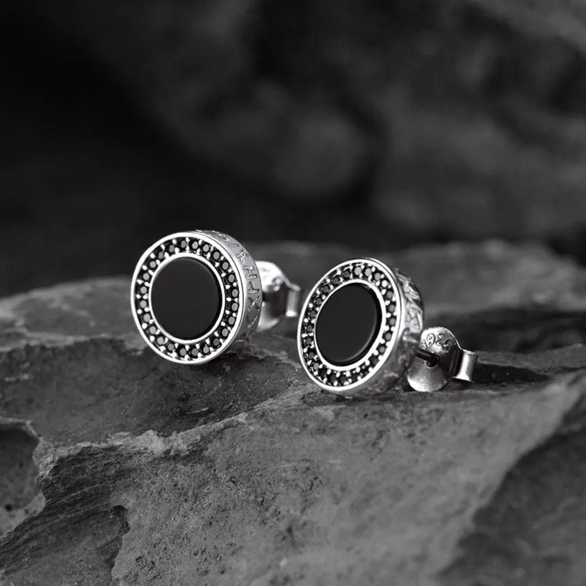 Viking Rune Black Onyx Stud Earrings in Sterling Silver for Men sold by FaithHeart product image thumbnail 4