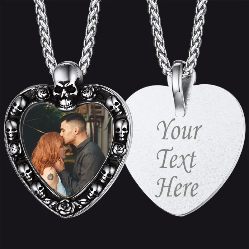 Customized Memorial Heart Photo Necklace with Skull for Men Women sold by FaithHeart