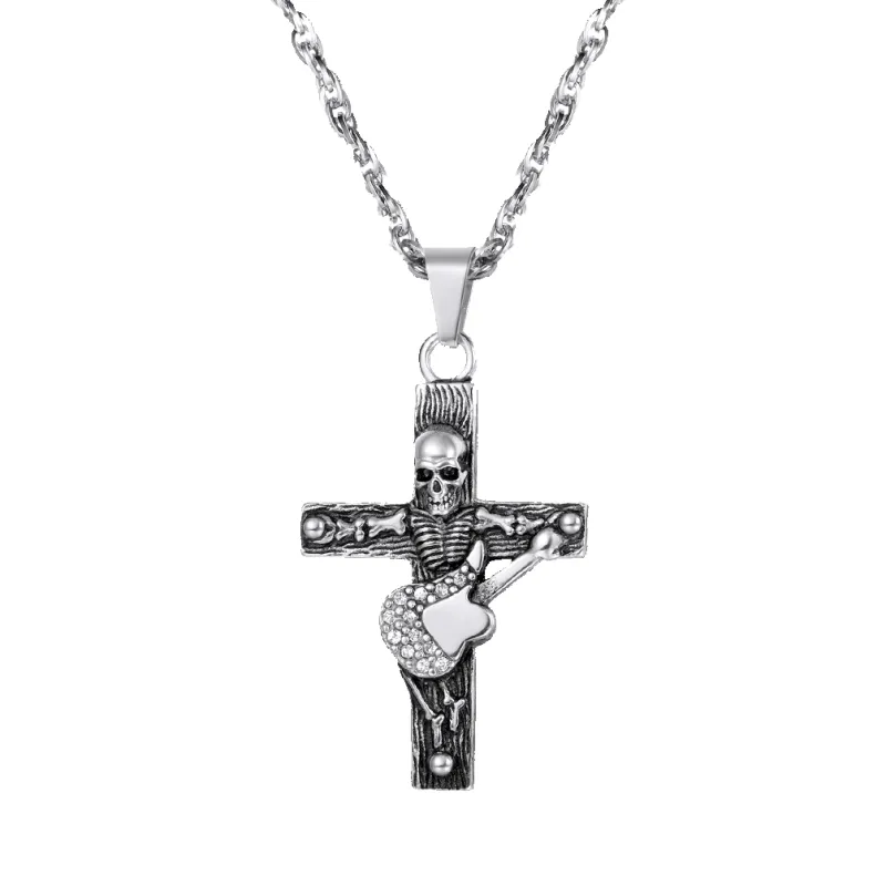 Punk Skull Guitar Cross Necklace for Men sold by FaithHeart