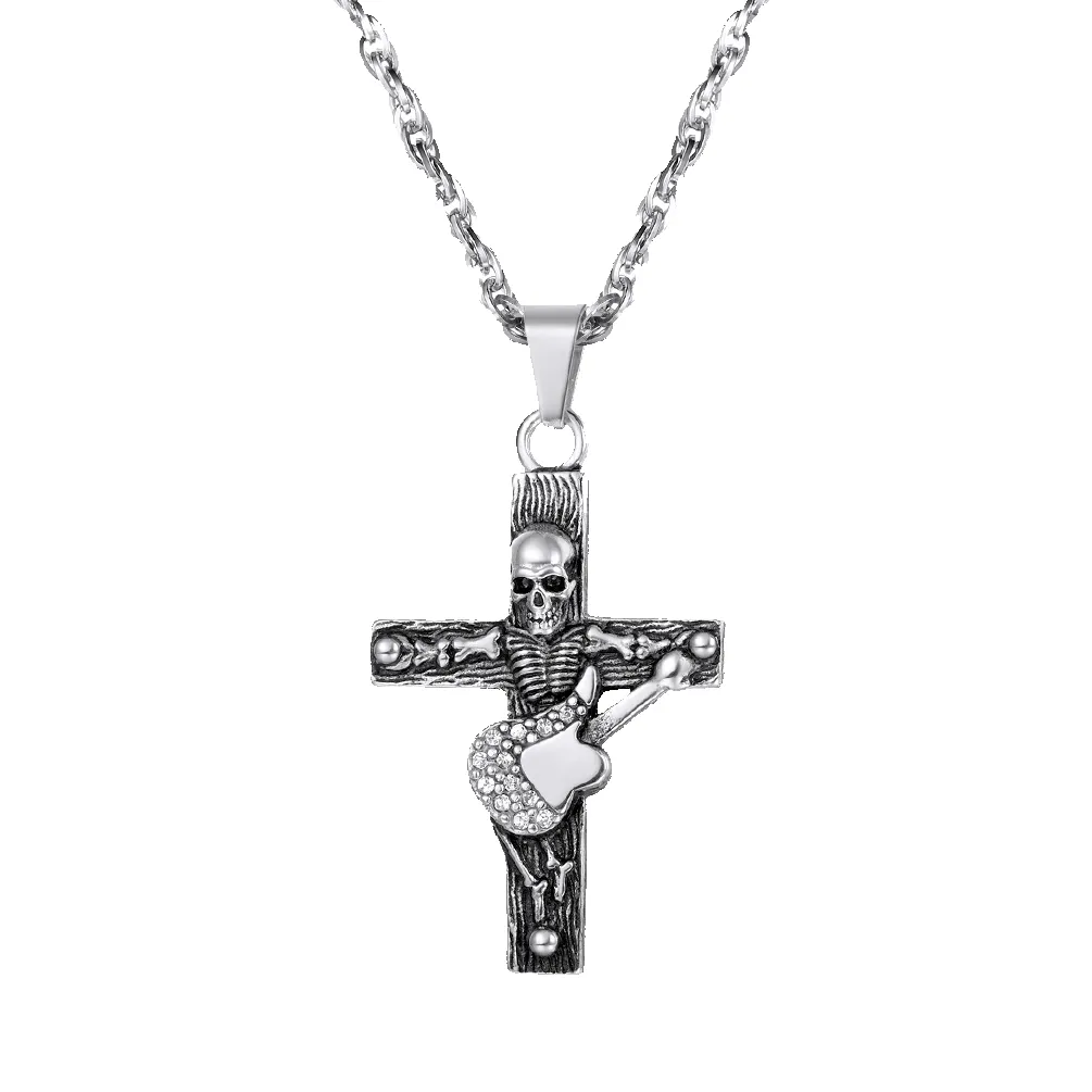 Punk Skull Guitar Cross Necklace for Men sold by FaithHeart