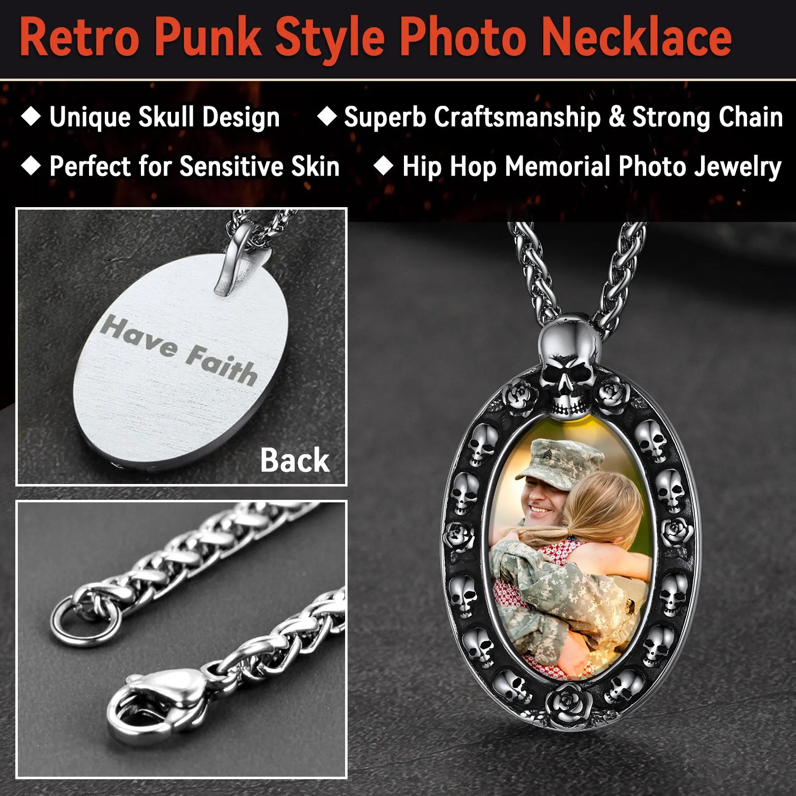 Personalized Photo Pendant Necklace with Skull for Men Women sold by FaithHeart product image thumbnail 5