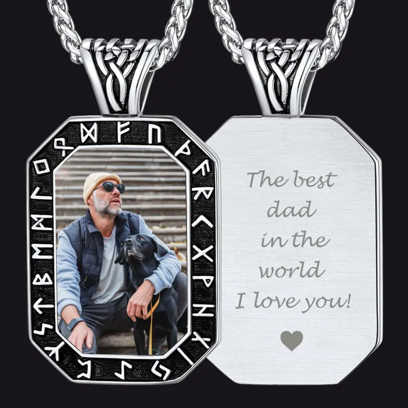 Engraved Customized Photo Dog Tag Necklace with Viking Runes for Men sold by FaithHeart