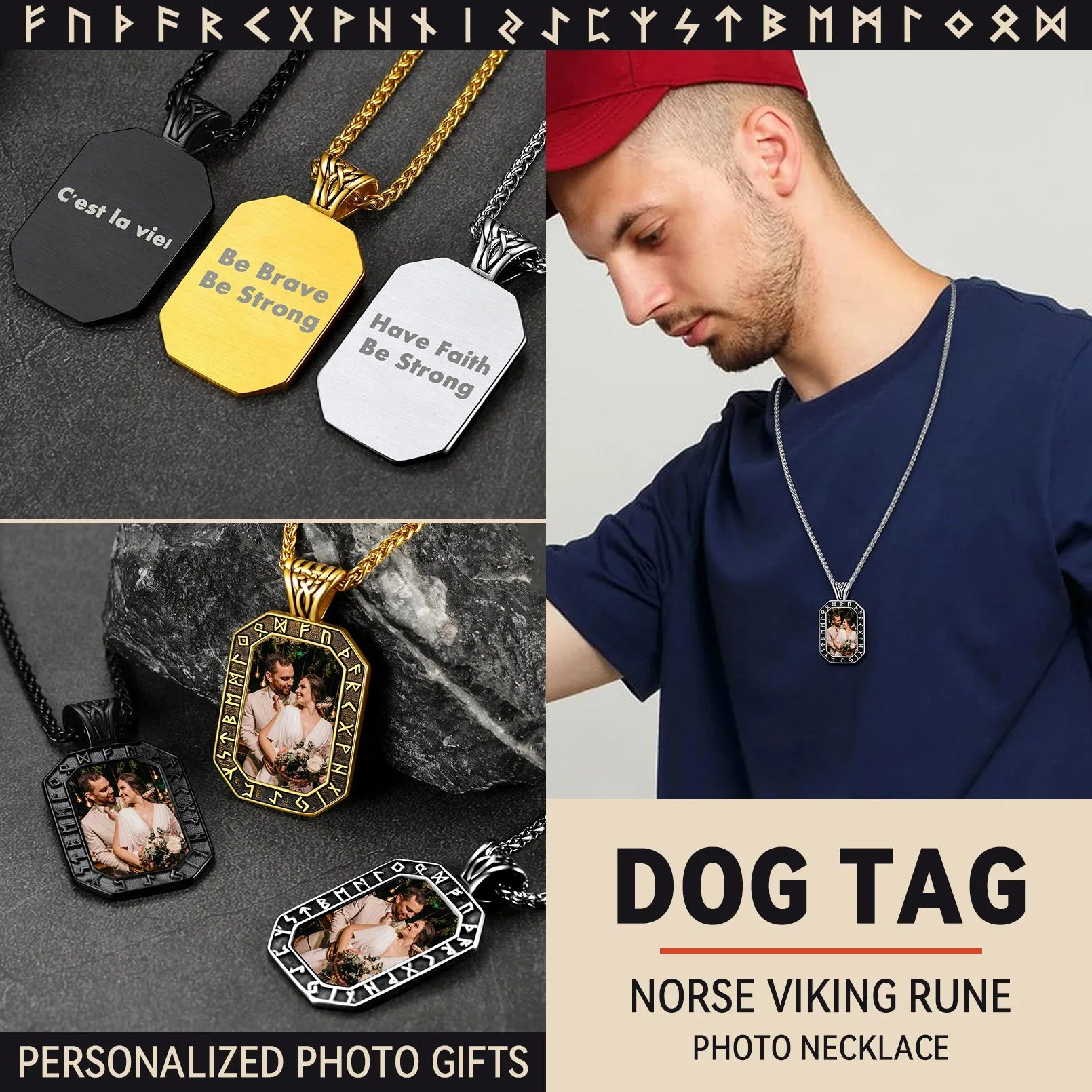 Engraved Customized Photo Dog Tag Necklace with Viking Runes for Men sold by FaithHeart product image thumbnail 2