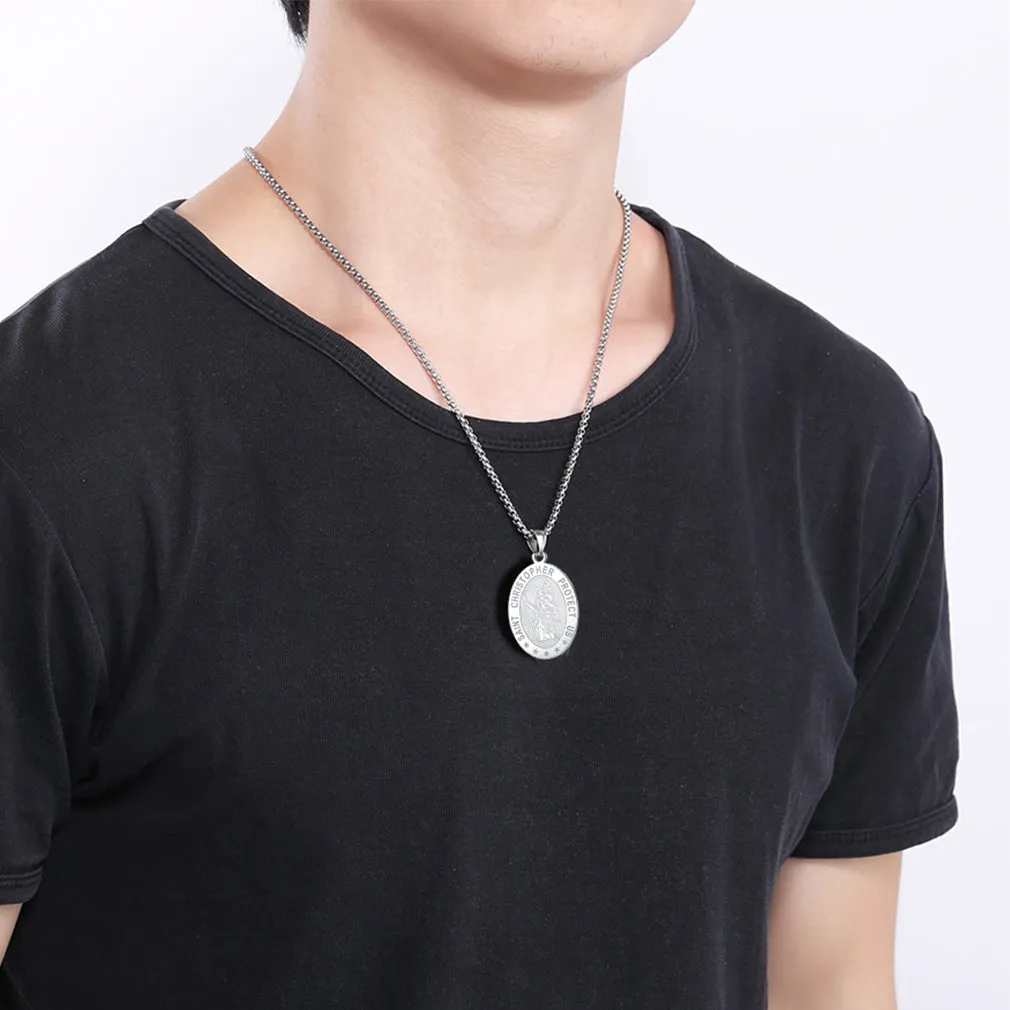 Oval Christian Saint Christopher Protection Medal Necklace For Men sold by FaithHeart product image thumbnail 2