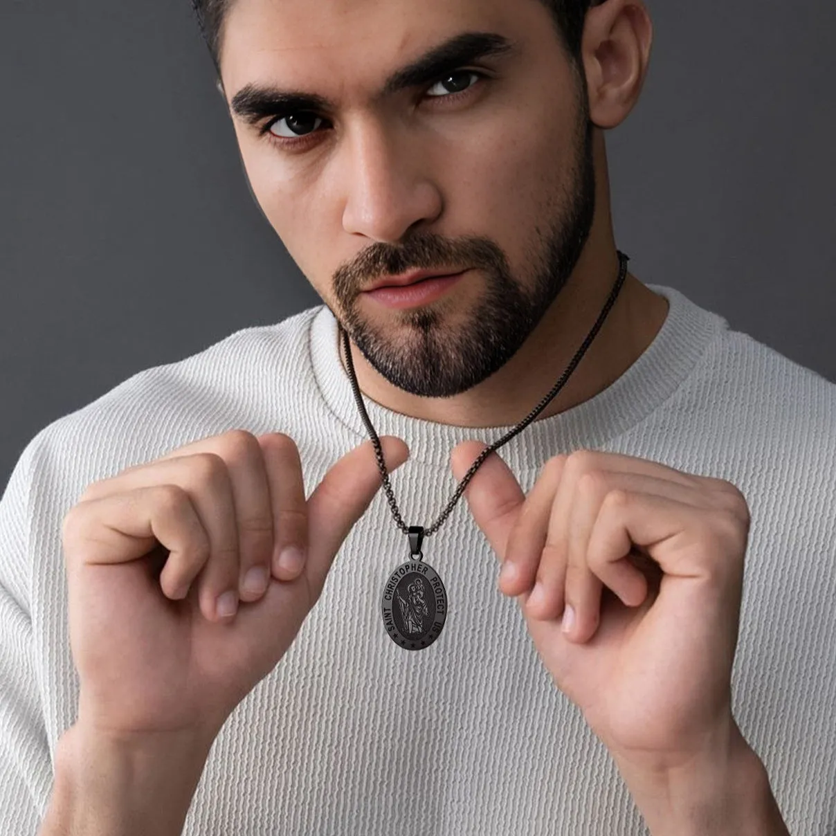 Oval Christian Saint Christopher Protection Medal Necklace For Men sold by FaithHeart product image thumbnail 3