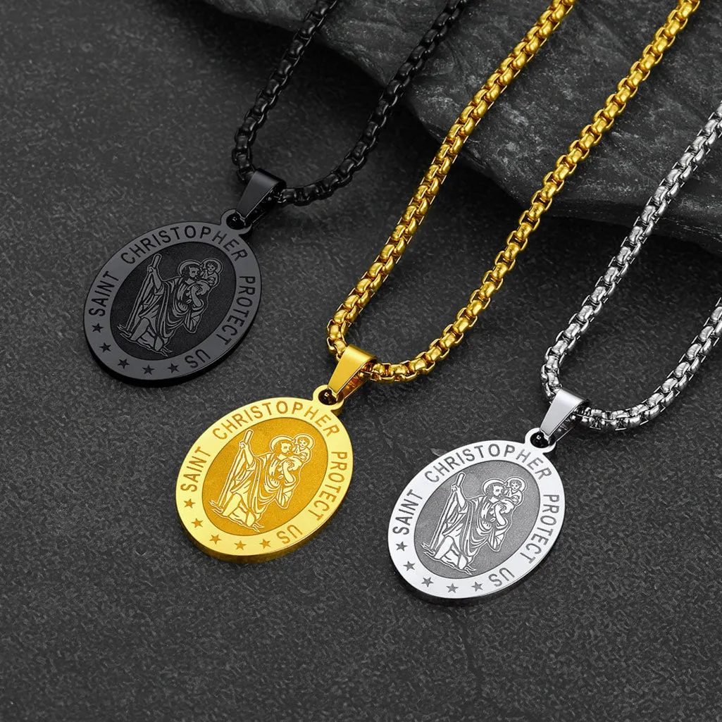 Oval Christian Saint Christopher Protection Medal Necklace For Men sold by FaithHeart product image thumbnail 5