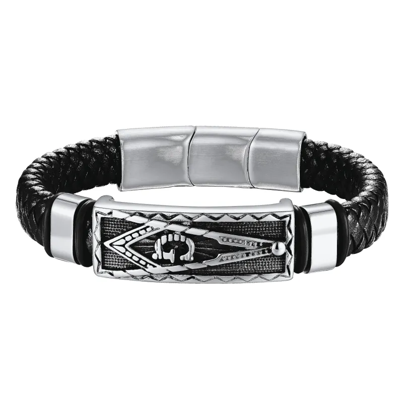 Masonic Compass Braided Black Leather Bracelet For Men Father Husband sold by FaithHeart