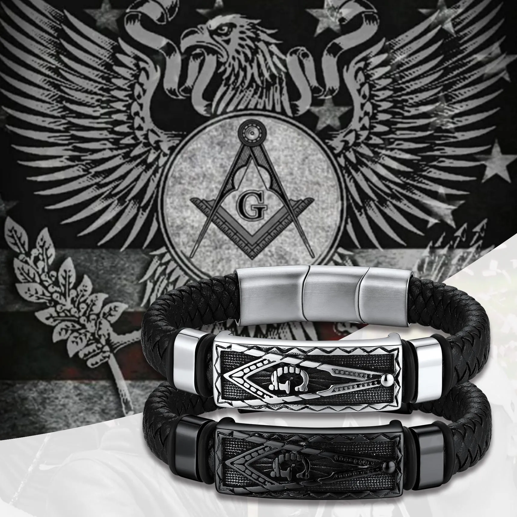 Masonic Compass Braided Black Leather Bracelet For Men Father Husband sold by FaithHeart product image thumbnail 3