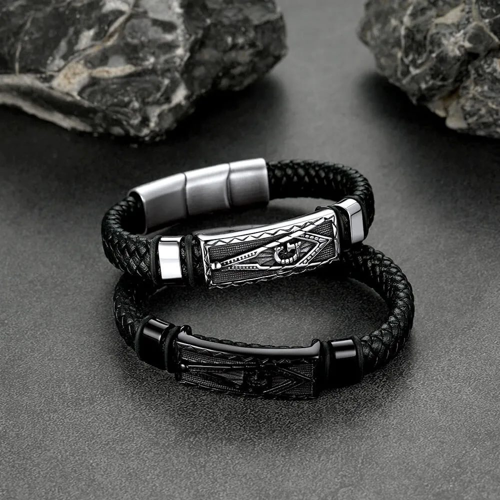 Masonic Compass Braided Black Leather Bracelet For Men Father Husband sold by FaithHeart product image thumbnail 4