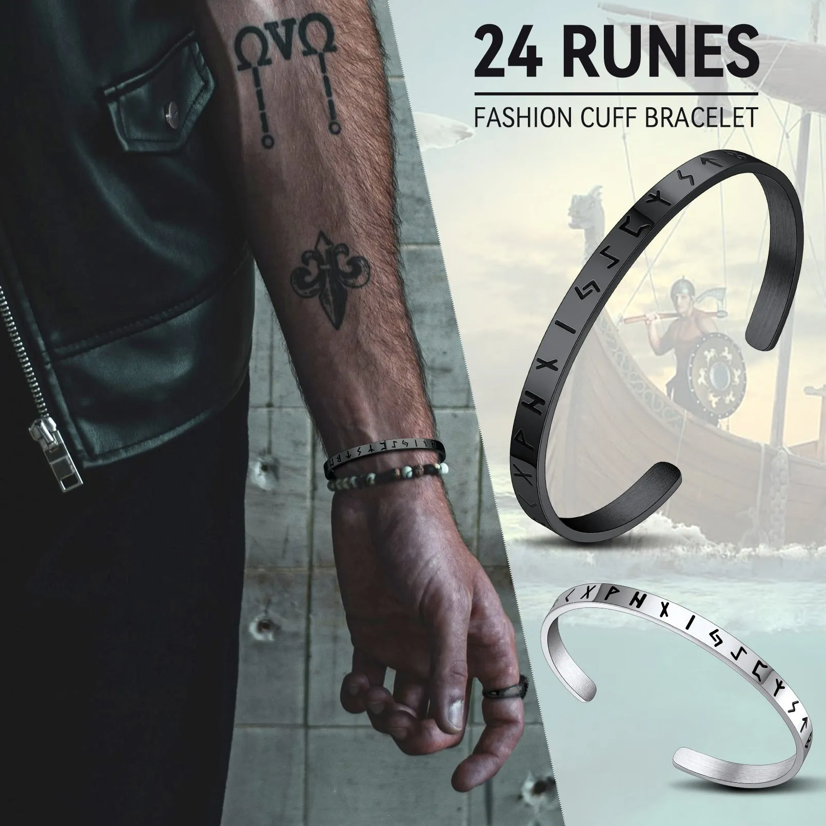 Norse Viking Runes Bangle Cuff Bracelet For Men sold by FaithHeart product image thumbnail 3