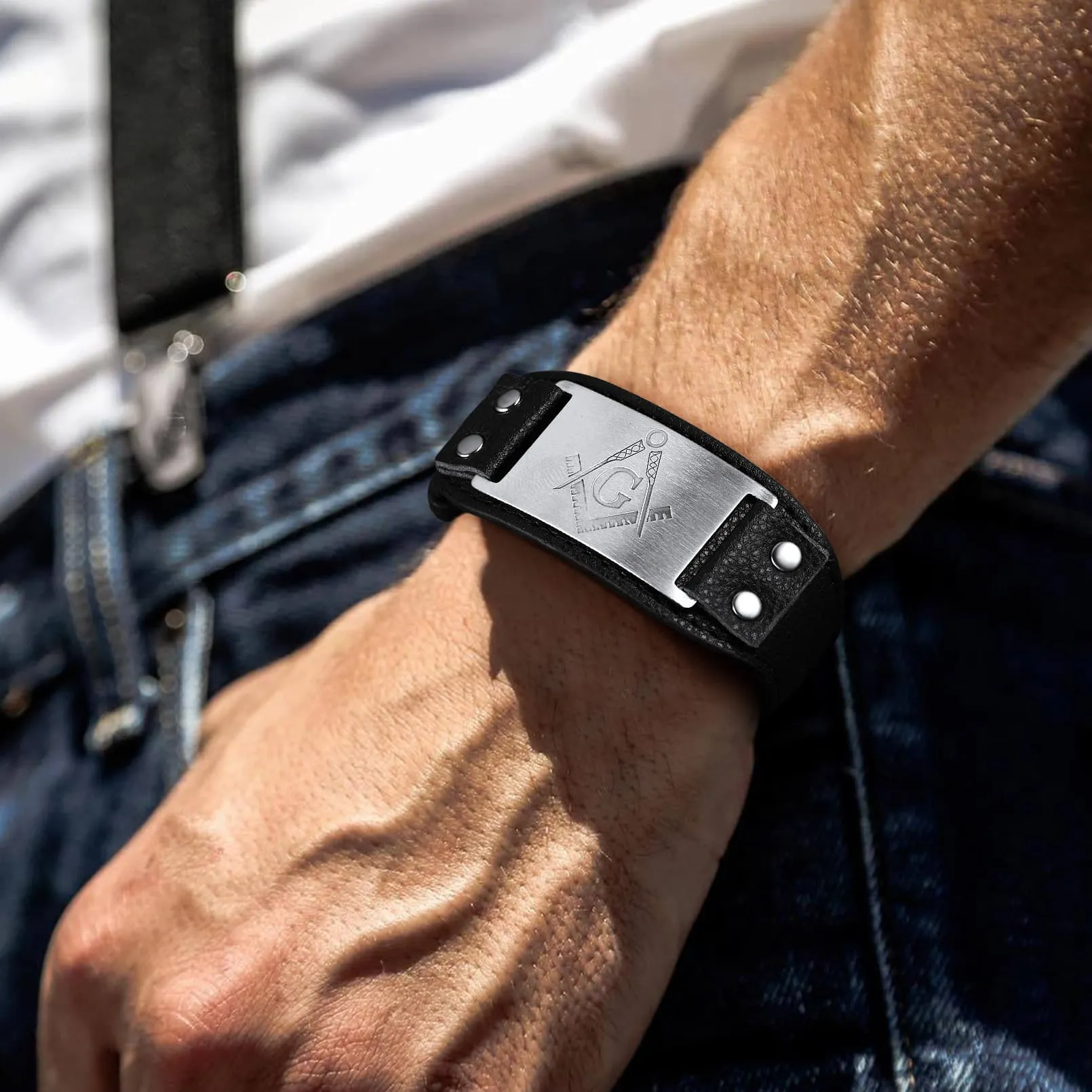 Flash Sale Masonic Cuff Bracelet Leather Wristband For Men sold by FaithHeart product image thumbnail 2