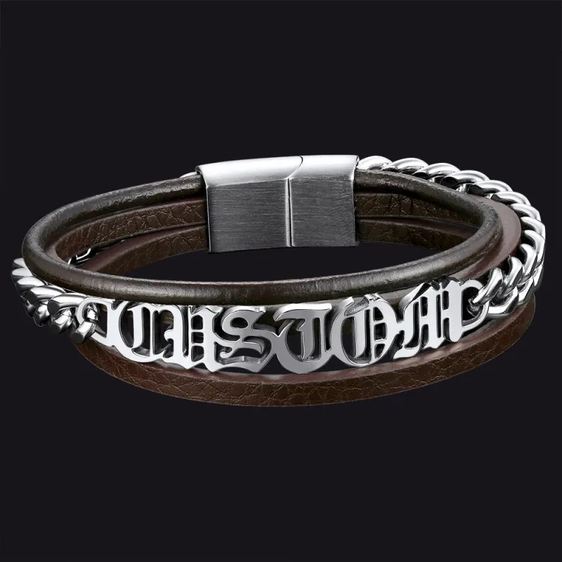 Customized Names Layer Braided Leather Bracelet for Men Father sold by FaithHeart