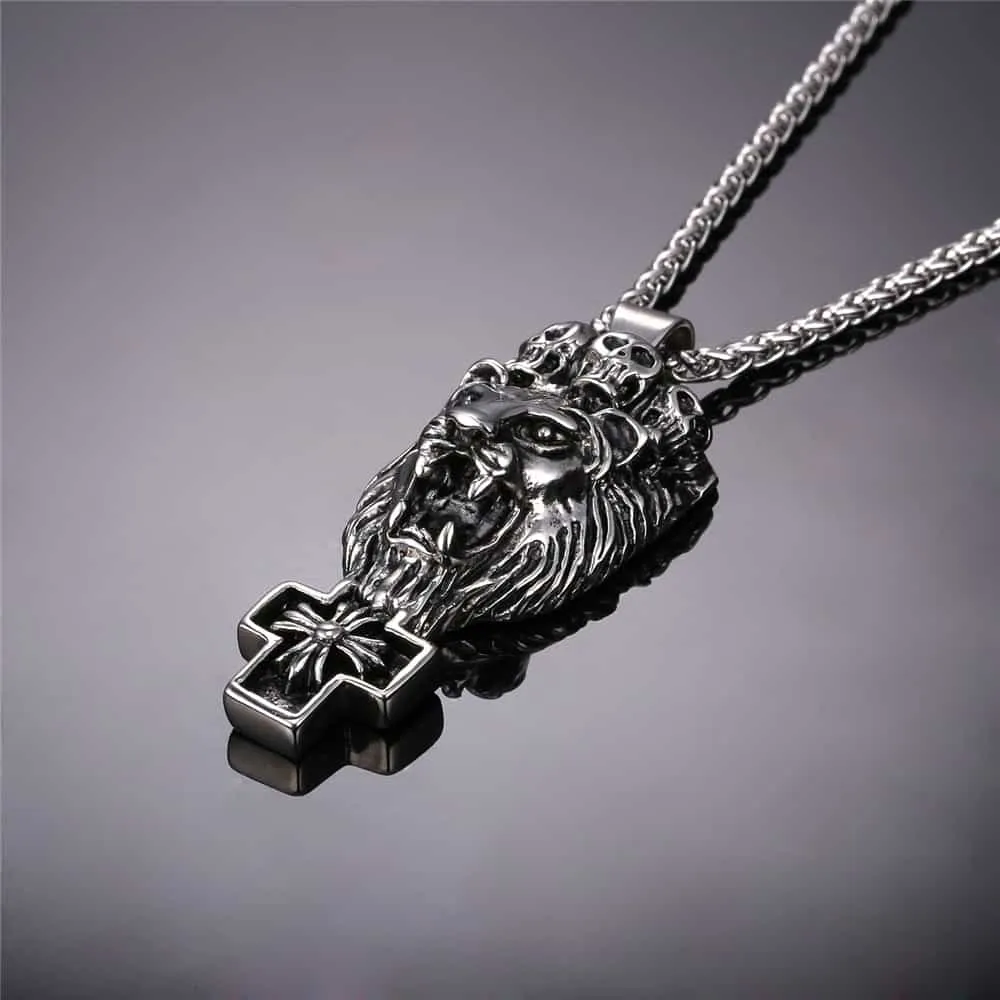 Lion Cross Necklace Lion Skull Necklace For Men sold by FaithHeart product image thumbnail 2