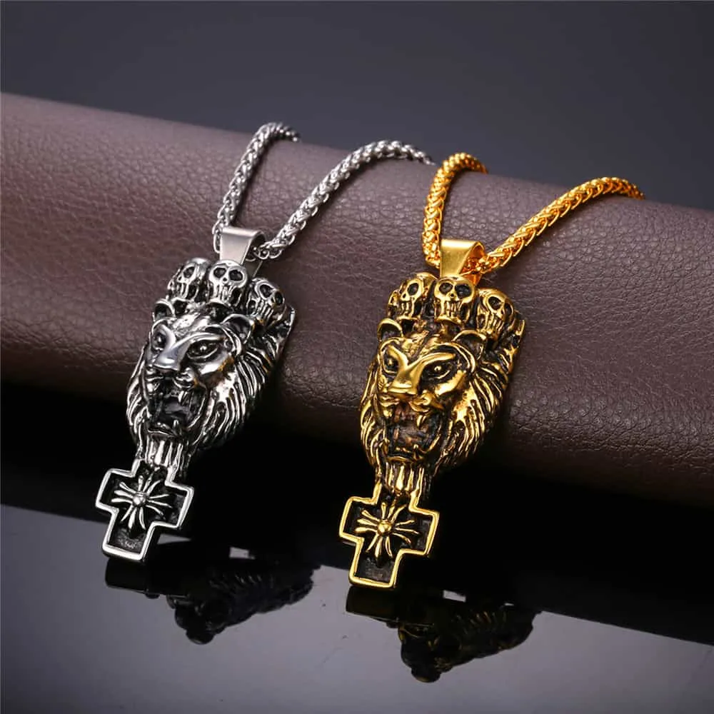 Lion Cross Necklace Lion Skull Necklace For Men sold by FaithHeart product image thumbnail 5