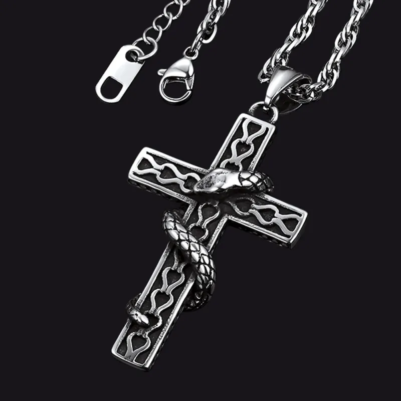 Gothic Snake Cross Necklace for Men in Stainless Steel sold by FaithHeart