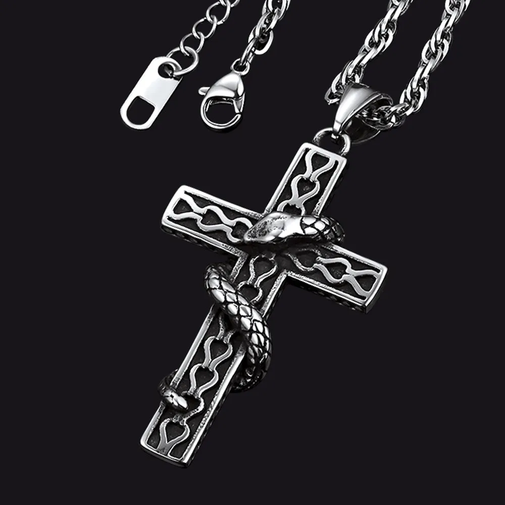 Gothic Snake Cross Necklace for Men in Stainless Steel sold by FaithHeart