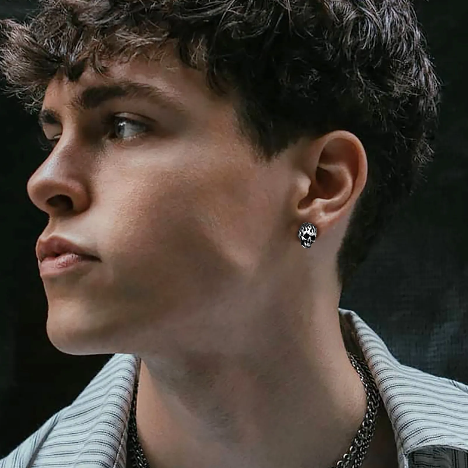 Gothic Flaming Skull Stud Earrings For Men sold by FaithHeart product image thumbnail 3