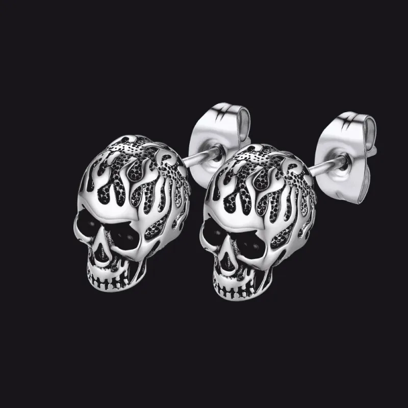Gothic Flaming Skull Stud Earrings For Men sold by FaithHeart