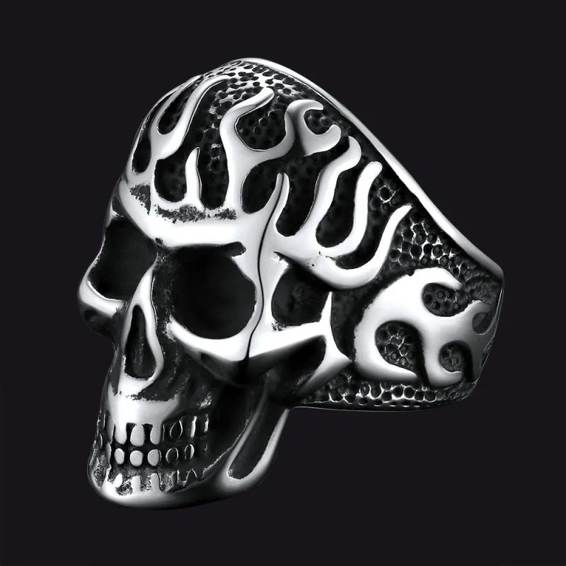 Gothic Fire Flaming Skull Stainless Steel Ring For Men sold by FaithHeart