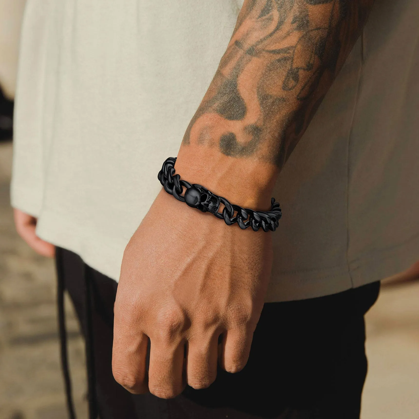 Gothic Heavy Cuban Chain Skull Bracelet For Men in Stainless Steel sold by FaithHeart product image thumbnail 3